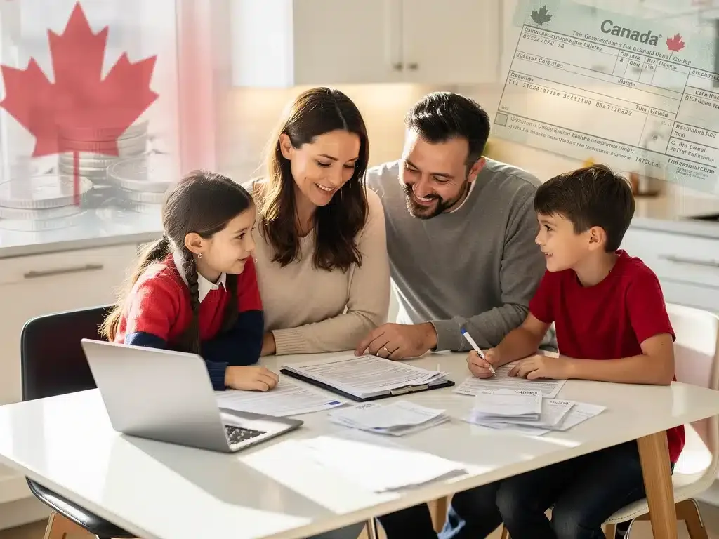 Canadian family reviewing financial documents, symbolizing the Canada Workers Benefit (CWB) financial relief.