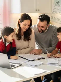 Canadian family reviewing financial documents, symbolizing the Canada Workers Benefit (CWB) financial relief.