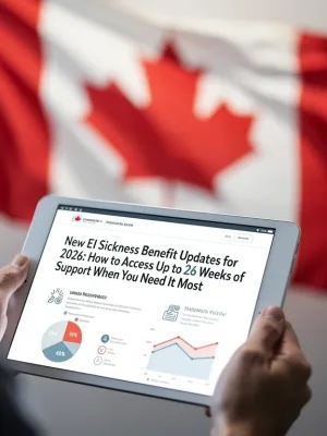 Canadian flag with hands holding document, symbolizing new EI sickness benefit updates 2026