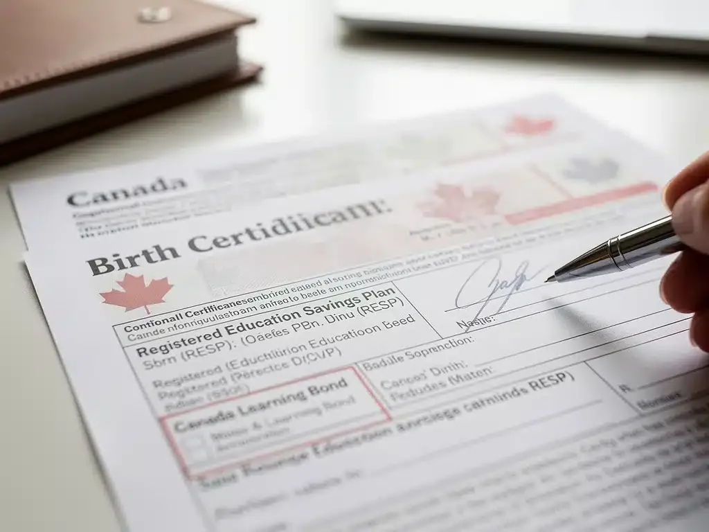 Birth certificate and RESP document for Canada Learning Bond application.