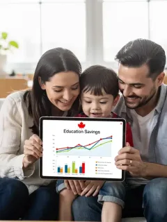 Parents and child reviewing Canada Learning Bond information on a tablet.