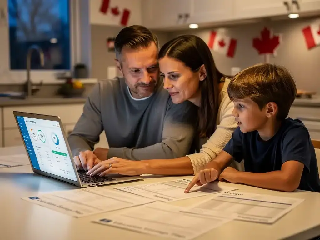 Canadian family reviewing RESP documents for 2026 contribution limits, planning education savings.