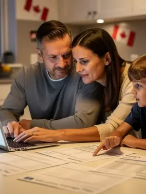 Canadian family reviewing RESP documents for 2026 contribution limits, planning education savings.