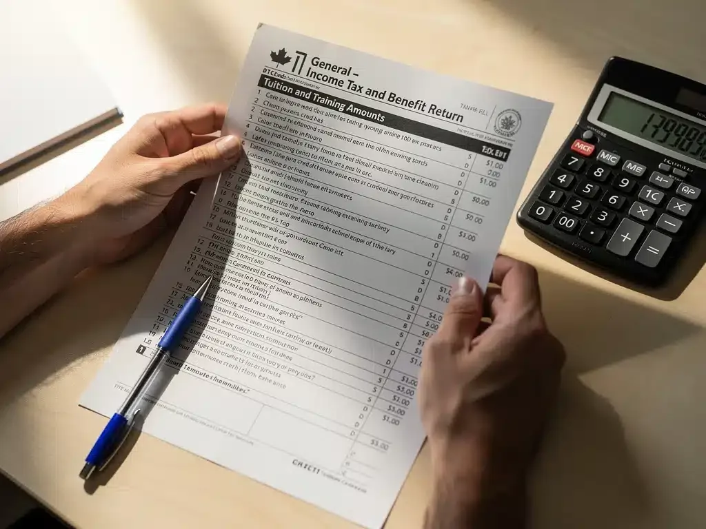 Hands reviewing tax forms for Canada Training Credit 2026 application.