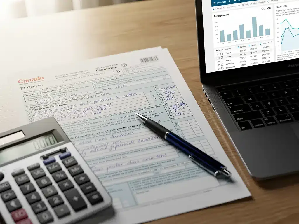 Canadian tax form showing income and deductions, illustrating the process of claiming the Canada Workers Benefit.