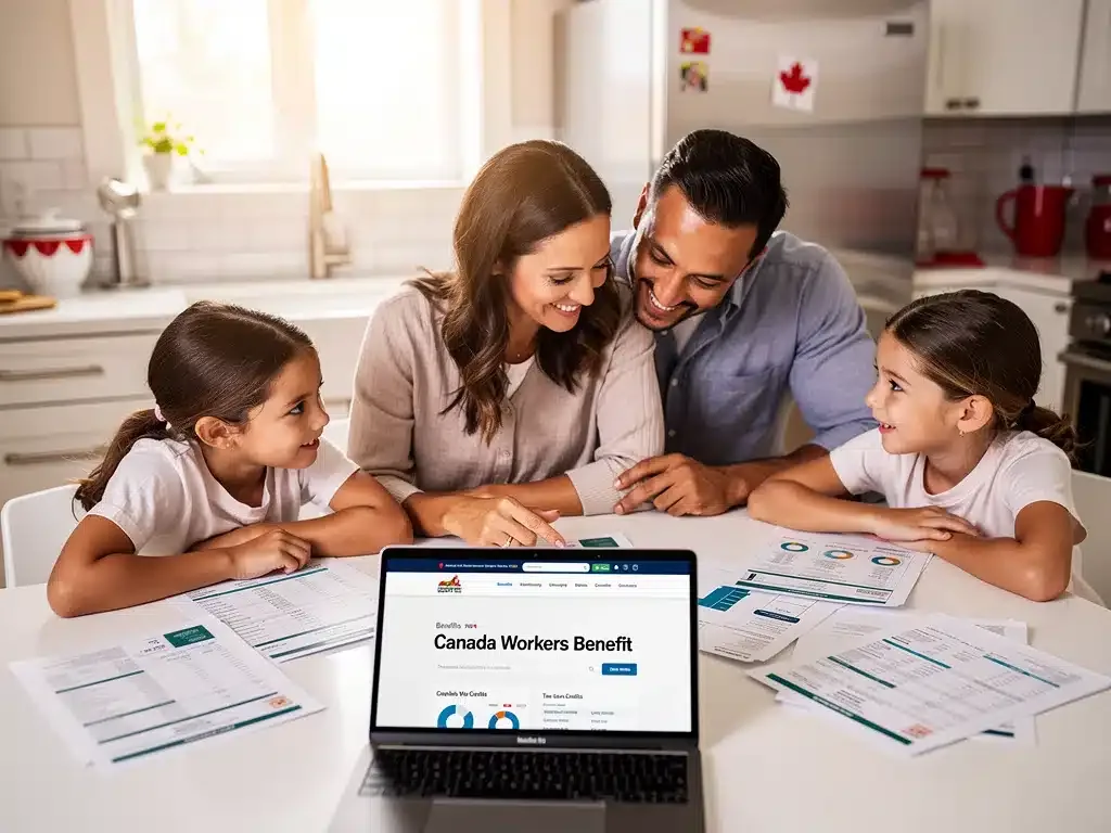 Family reviewing financial documents, discussing the positive impact of the Canada Workers Benefit.