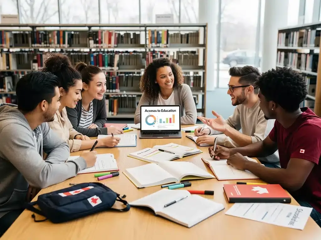 Diverse Canadian students collaborating in a modern library, symbolizing access to education.