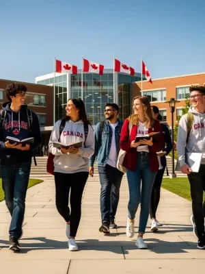 Diverse Canadian university students walking on campus, symbolizing higher education and student aid.