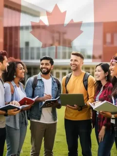 Diverse Canadian students smiling on campus, holding books, representing education funding.