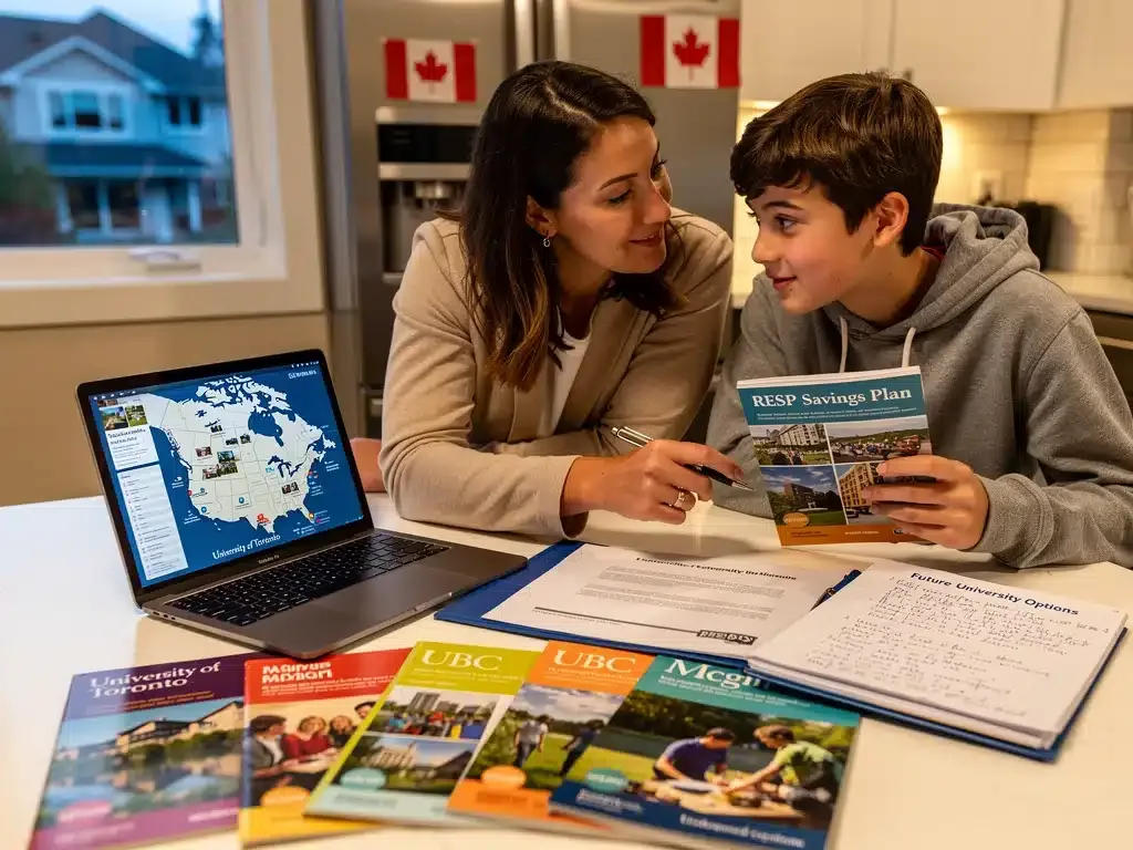 Parent and child discussing university plans, RESP benefits