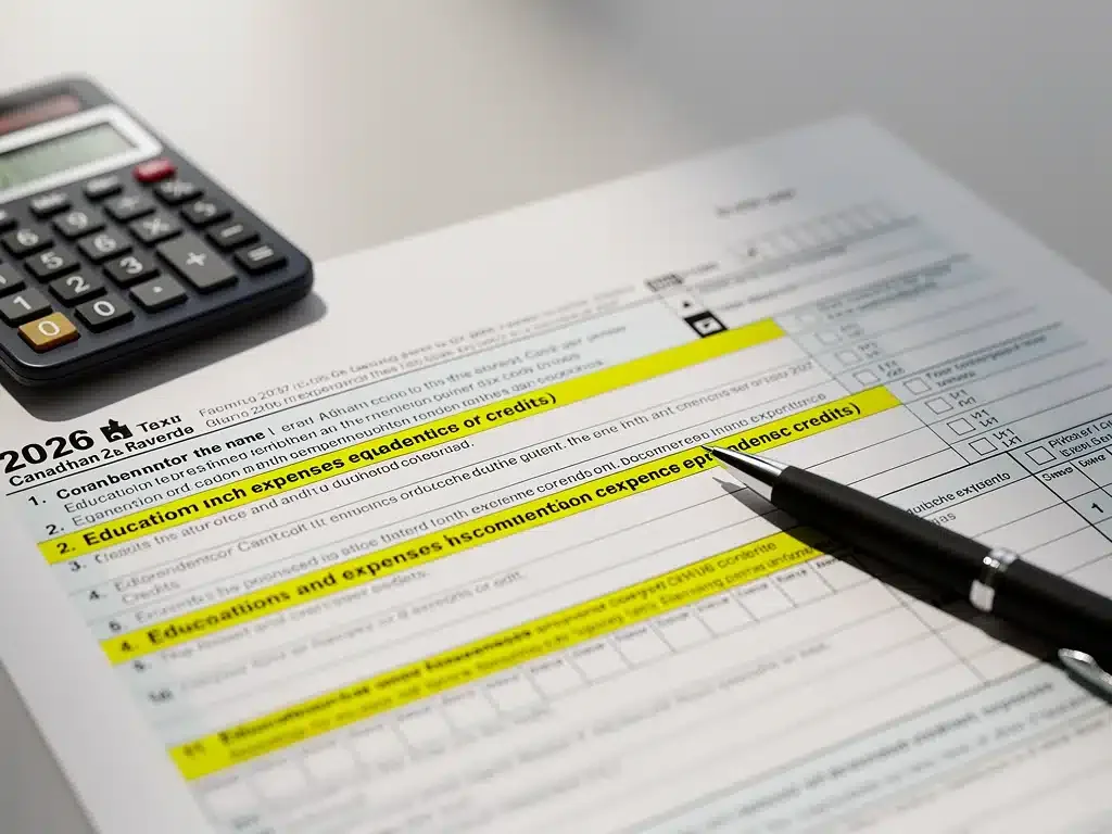Canadian tax form showing highlighted educational tax credit sections.