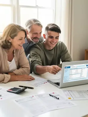 Family reviewing tax documents, celebrating educational tax credit savings in Canada.