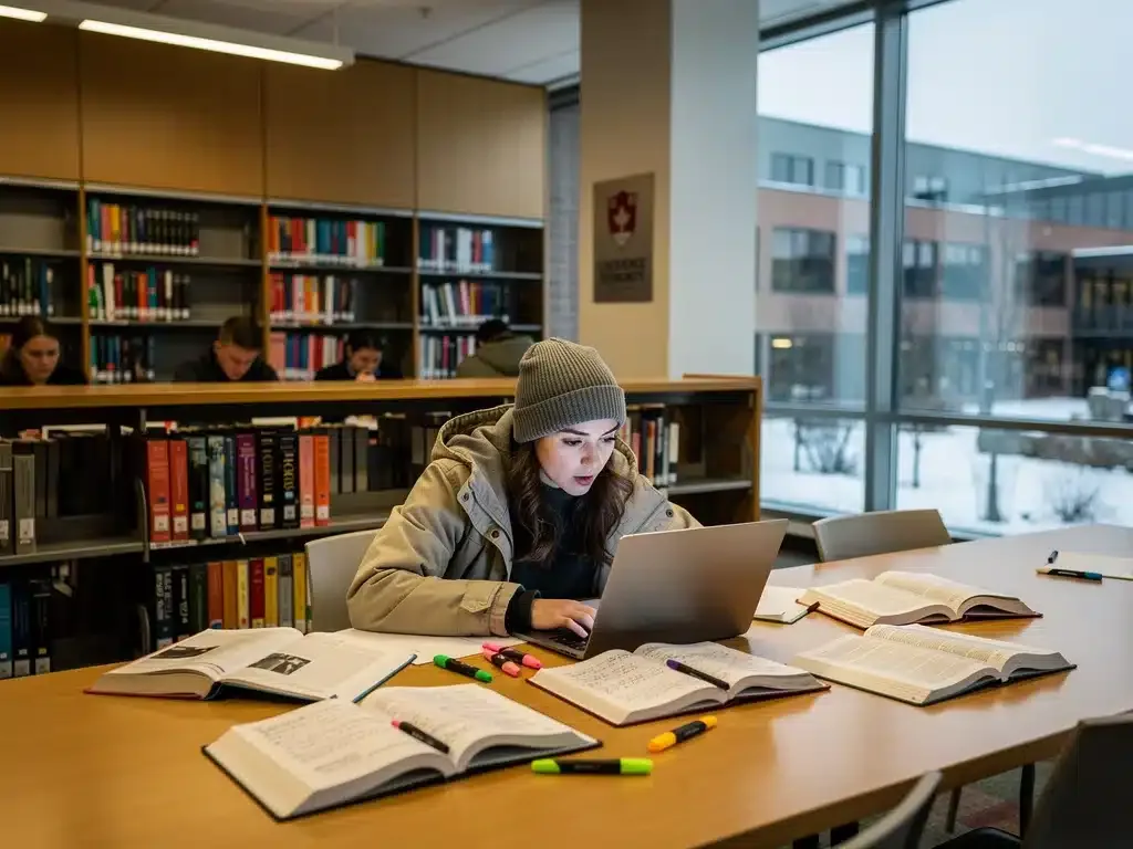 Canadian university student studying in a modern library.