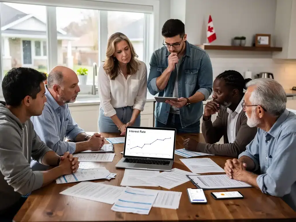 Canadians reviewing financial documents, reflecting on interest rate impact.