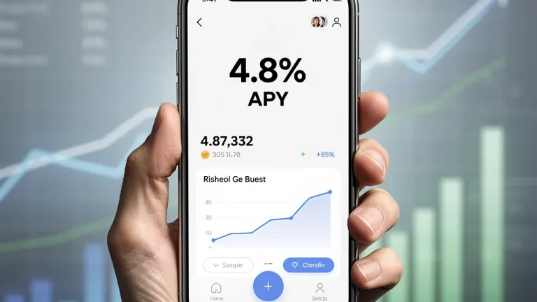 Smartphone showing 4.8% APY on a high-yield savings account, with financial charts in the background.