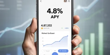 Smartphone showing 4.8% APY on a high-yield savings account, with financial charts in the background.