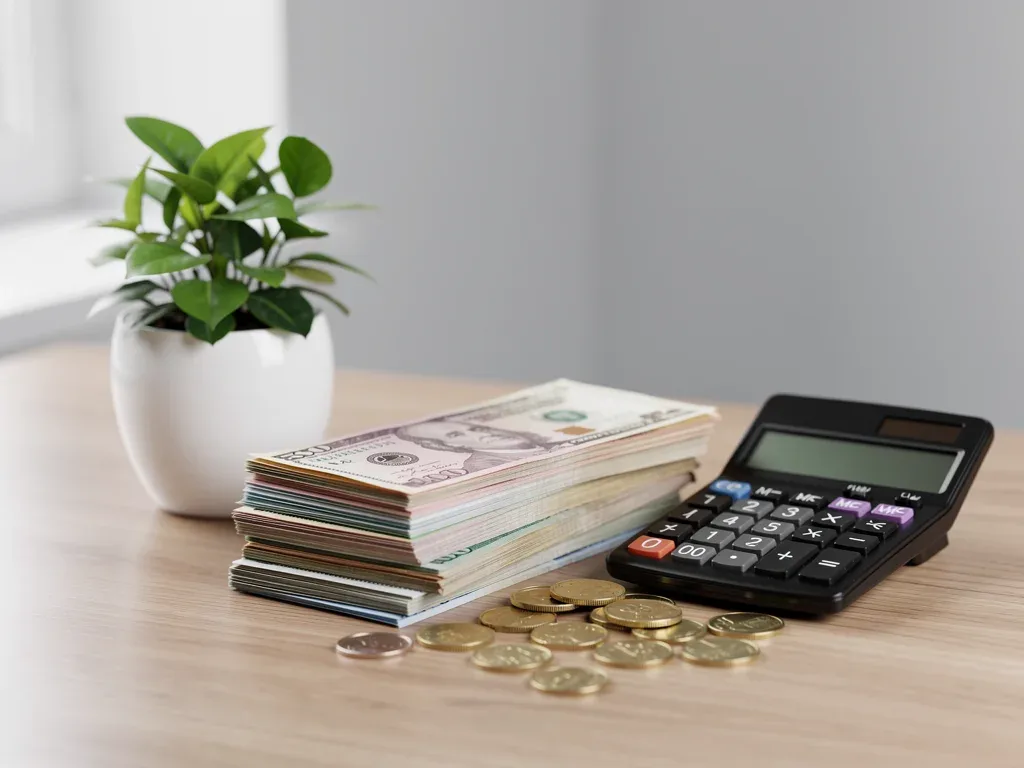Money, calculator, and plant representing financial growth with high-yield savings.