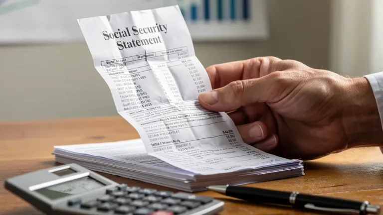Hand holding Social Security statement with calculator and pen