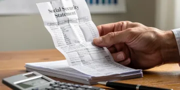 Hand holding Social Security statement with calculator and pen