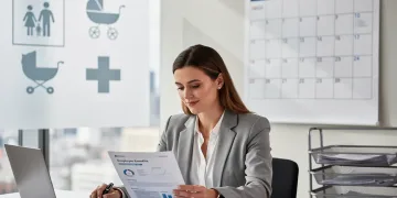 Woman reviewing paid family leave and short-term disability benefits documents for 2026