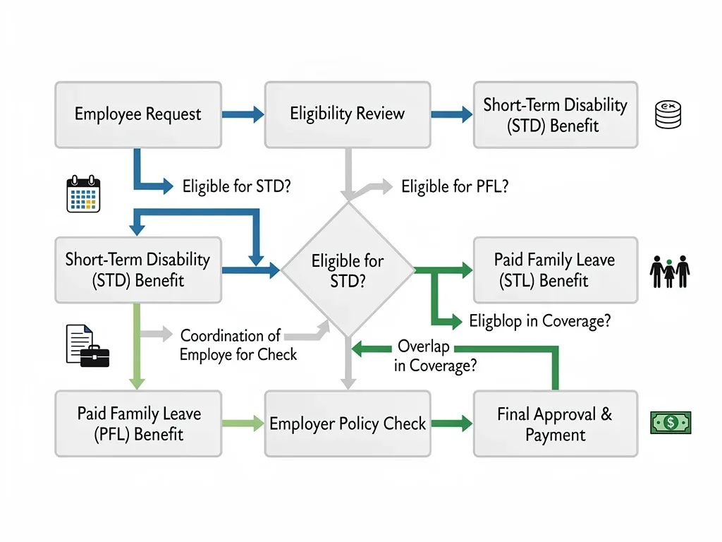 Flowchart depicting integration process for paid family leave and short-term disability