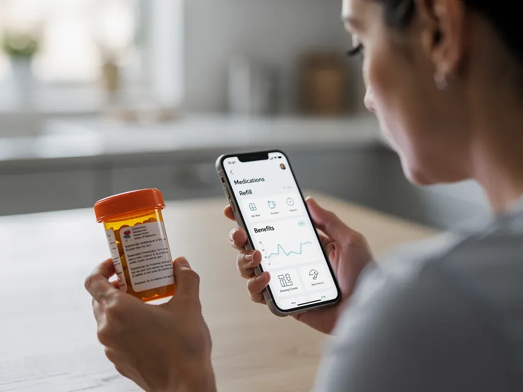 Individual managing prescriptions and healthcare benefits on a smartphone