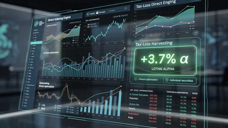 Digital interface showing automated direct indexing and tax-loss harvesting benefits