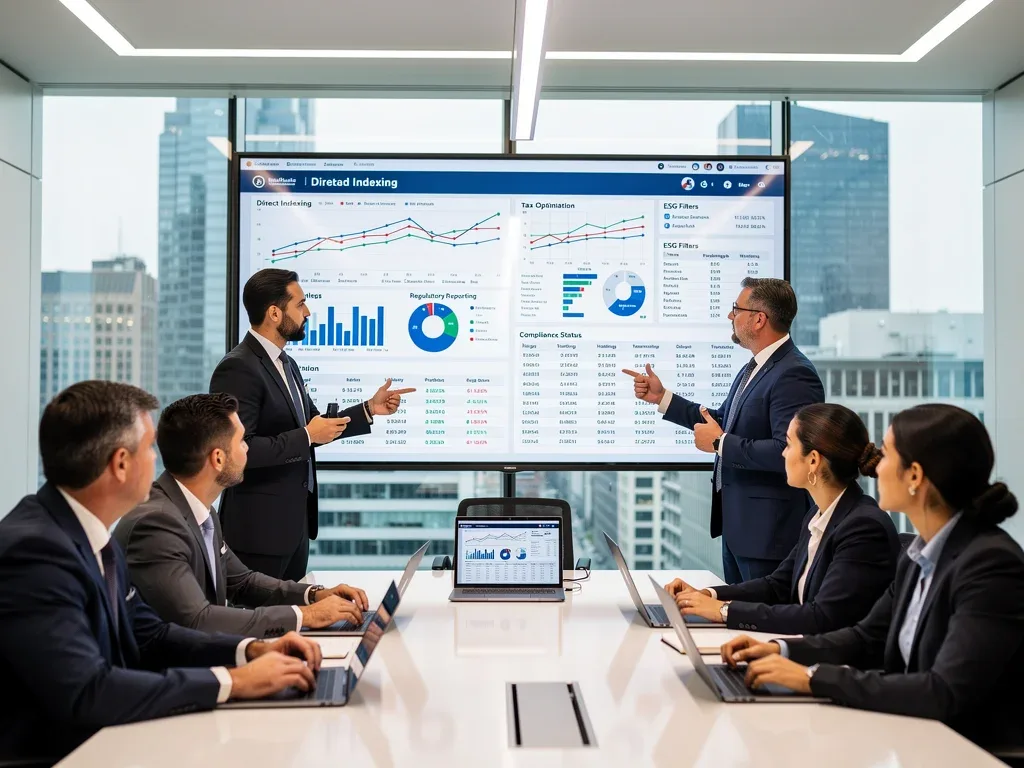 Financial advisors discussing direct indexing strategies and regulatory compliance