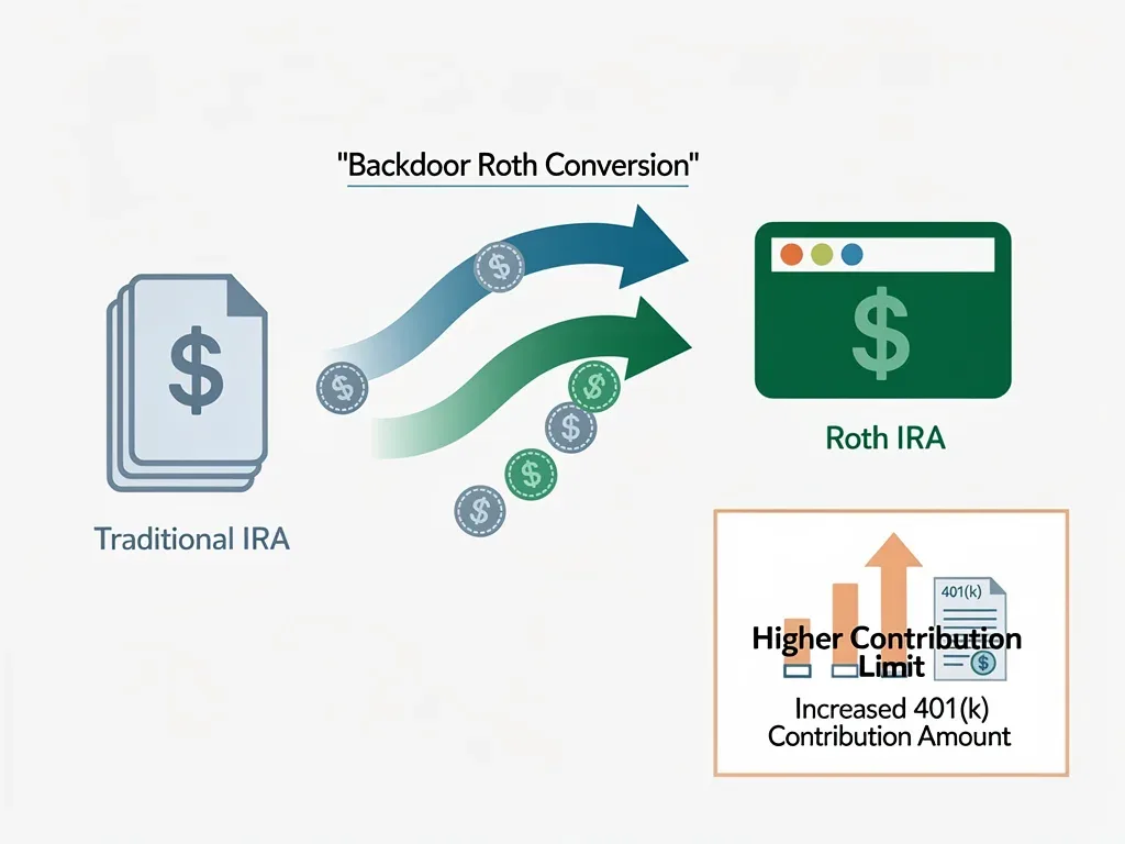 Diagram showing the process of a backdoor Roth conversion, emphasizing the new 2026 IRS 401(k) contribution limits.