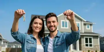 Young Canadian couple holding house keys in front of their new home, symbolizing first-time homeownership.