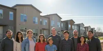 Families and individuals in front of new affordable housing units, symbolizing hope and community in Canada.