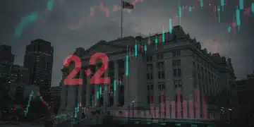 Bank of Canada headquarters with economic charts and a 2% inflation target, representing 2026 projections.