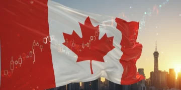 Canadian flag with city skyline, symbolizing CPP benefits changes and financial planning.