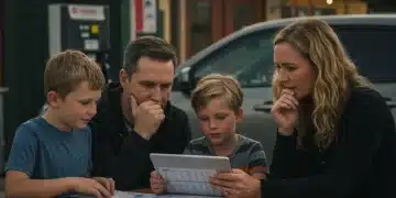 Canadian family reviewing budget, concerned about future carbon tax increase and rising fuel costs.