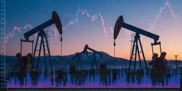 Oil derricks in a Canadian landscape with overlaid financial charts, symbolizing the impact of global oil prices on the Canadian economy.