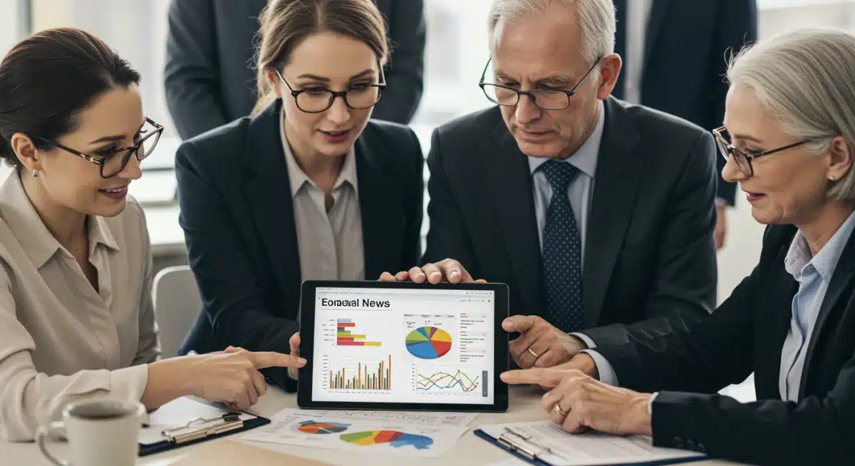 Diverse Canadians viewing economic news on a tablet, representing broad societal impact.