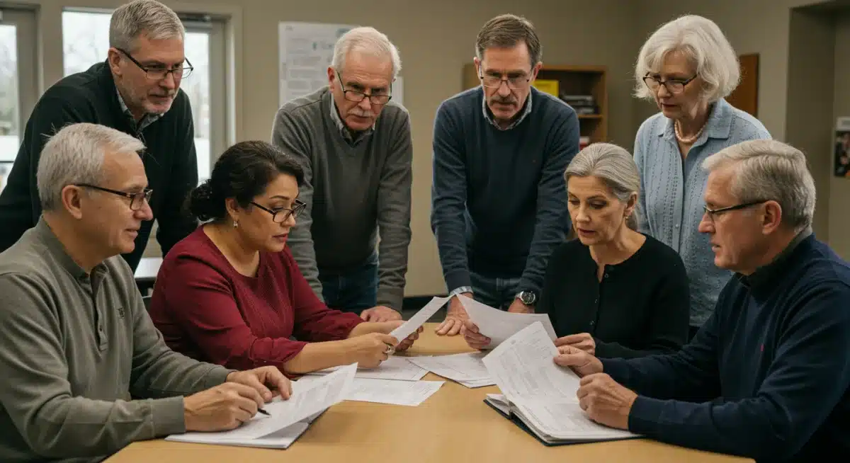Diverse Canadians discussing financial documents, reflecting CPP benefits changes impact.
