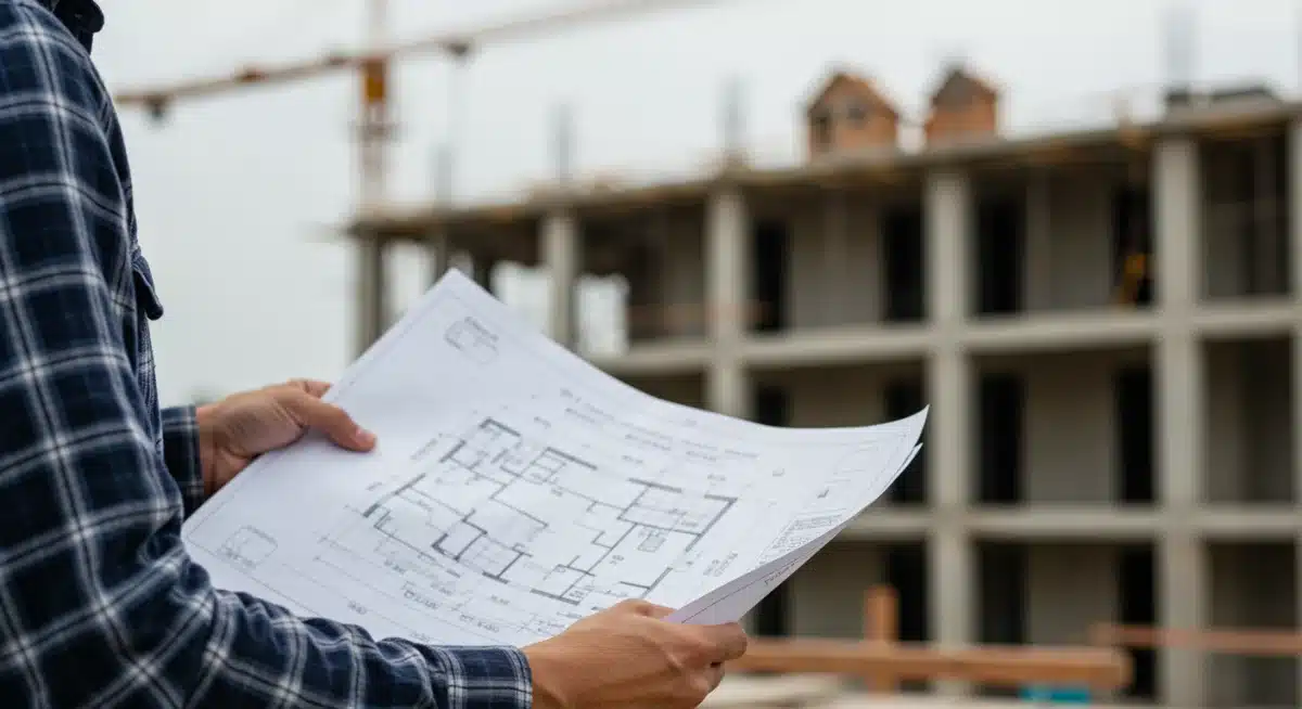 Construction worker reviewing blueprints on a housing development site in Canada, symbolizing progress.