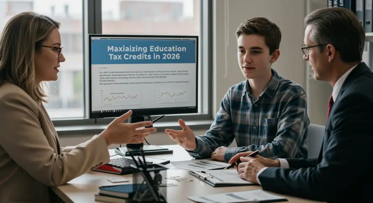 Financial advisor explaining education tax credit strategies to a parent and student.