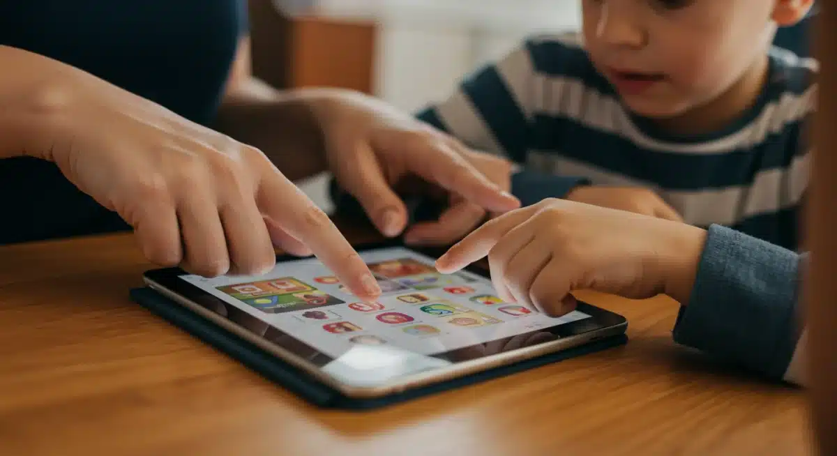 Adult and child hands using tablet for educational purposes, symbolizing RDSP support