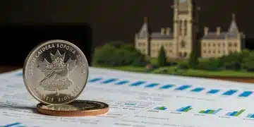Canadian dollar coin on financial spreadsheet with Parliament in background, symbolizing Federal Budget 2026 impact.