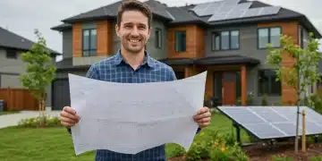 Canadian homeowner with blueprints for green home renovation