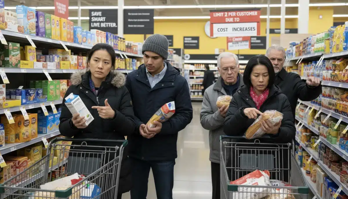 Canadian consumers examining grocery prices, illustrating the direct impact of supply chain disruptions.